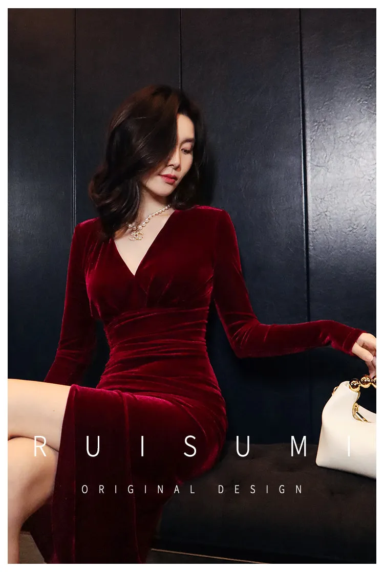 Retro wine red V-neck pleated slit dress red velvet annual meeting dress skirt- Rose