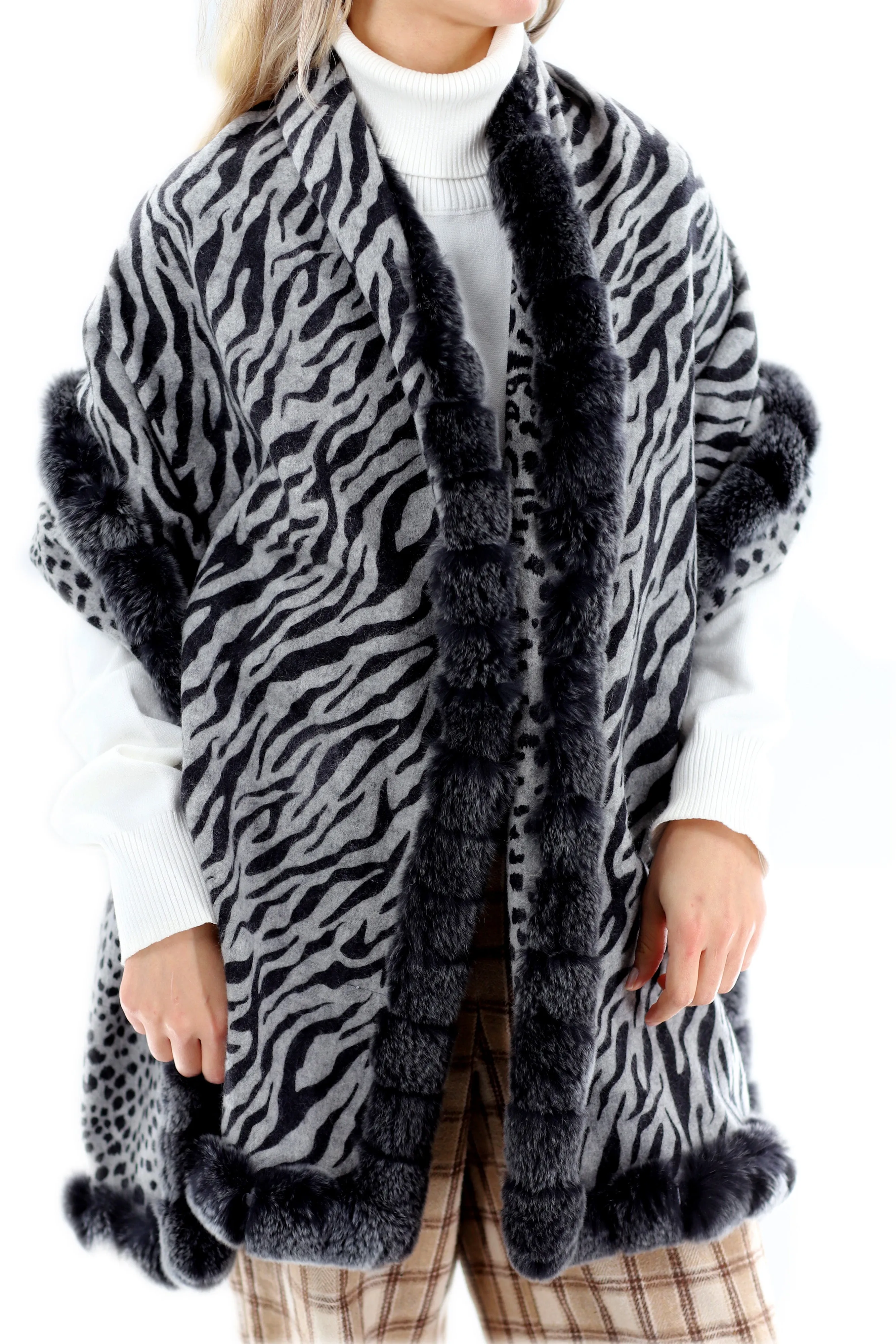 Reversible Grey Leopard Print Wrap with Genuine Rex Rabbit Fur Trim - Grey Leopard