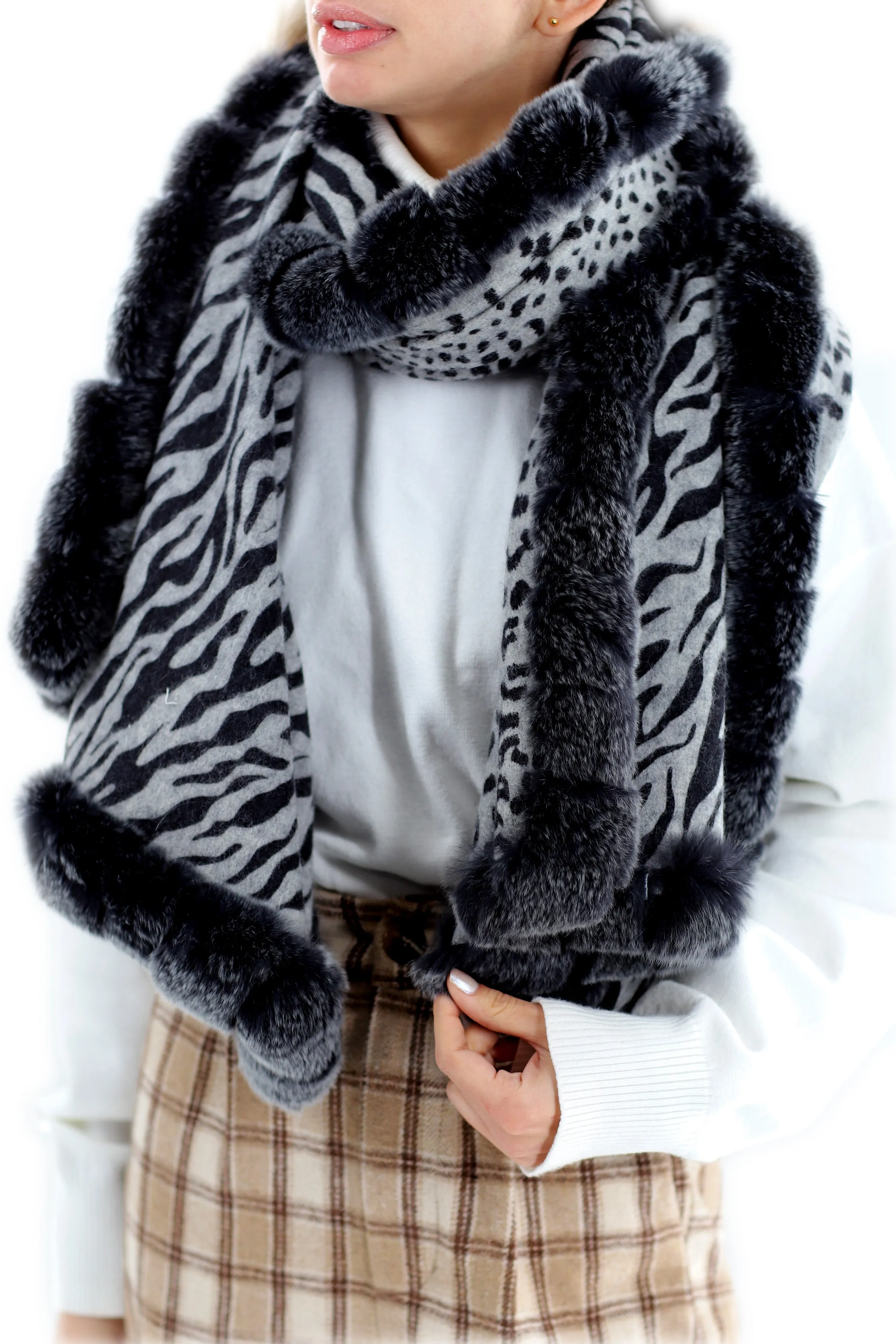 Reversible Grey Leopard Print Wrap with Genuine Rex Rabbit Fur Trim - Grey Leopard