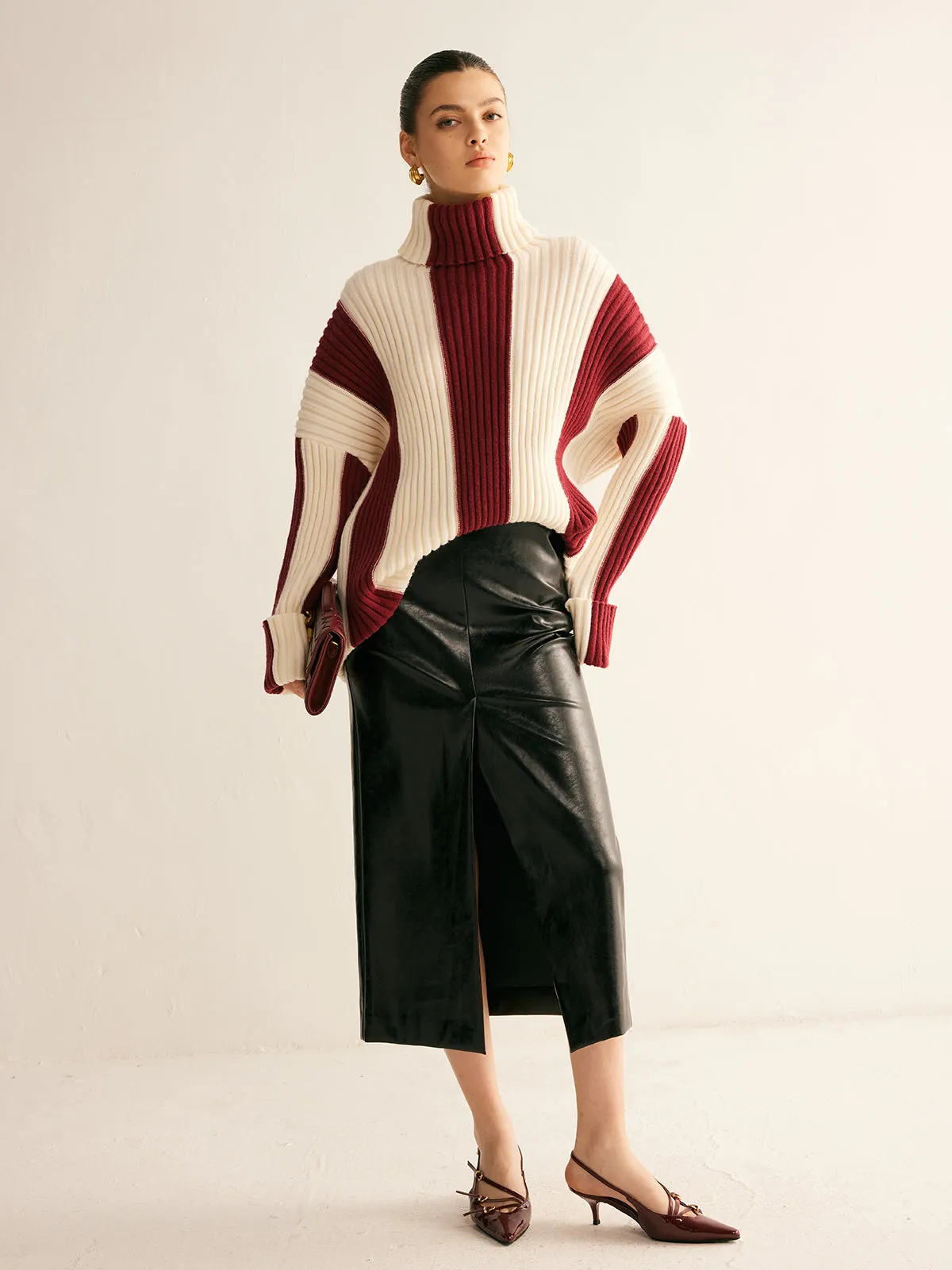 Ribbed Color Block Turtleneck Sweater