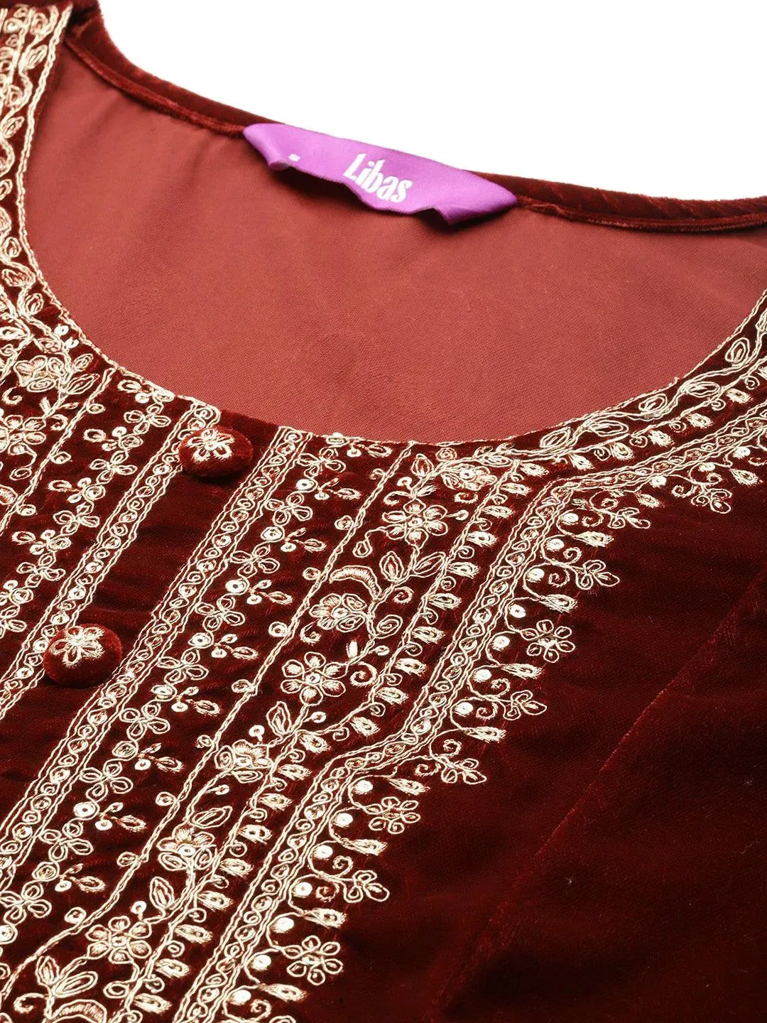 Rust Yoke Design Velvet A-Line Kurta With Palazzos & Dupatta