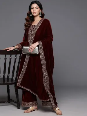 Rust Yoke Design Velvet A-Line Kurta With Palazzos & Dupatta