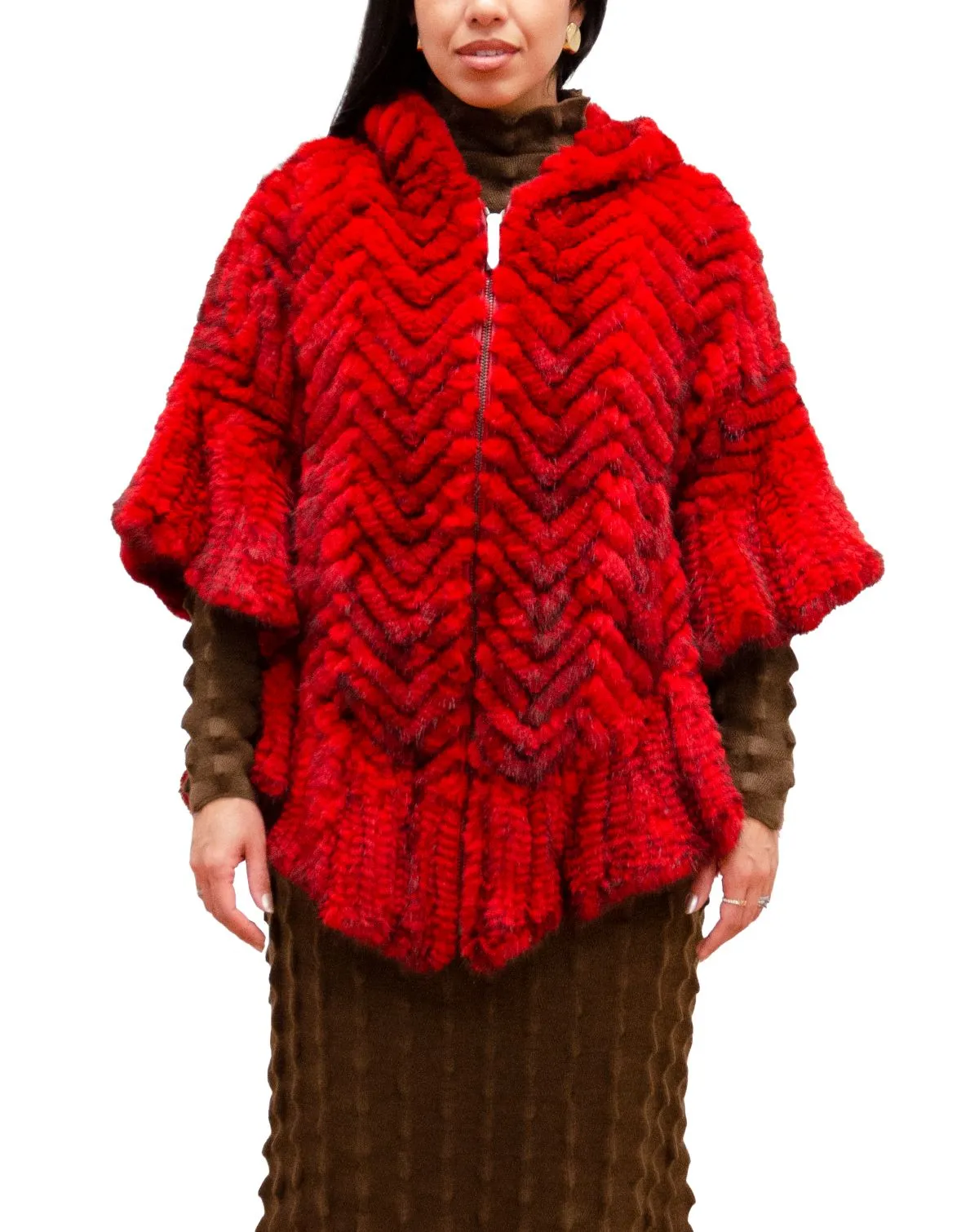 ST. CLOUD - Knitted Mink Herringbone Hooded Poncho