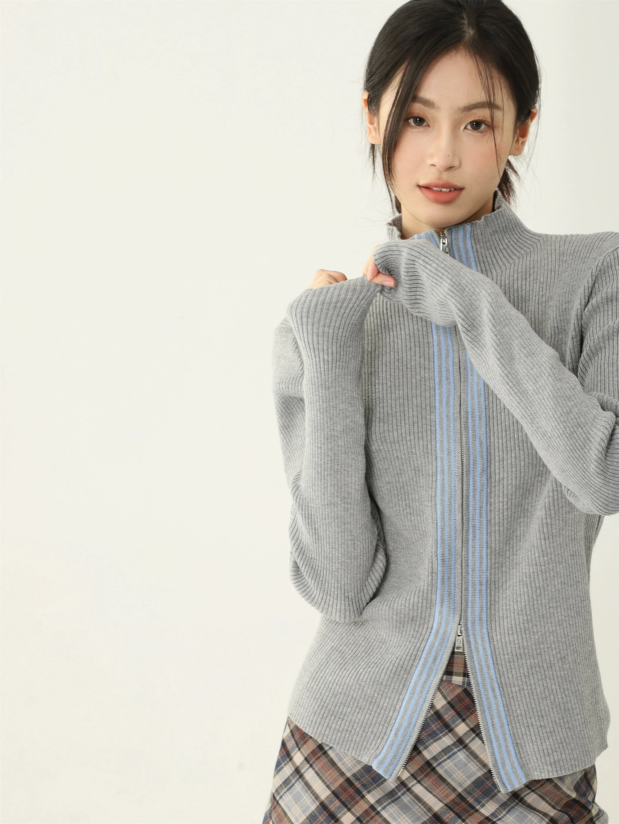 Stripe Trim Mock Neck Zip Cardigan