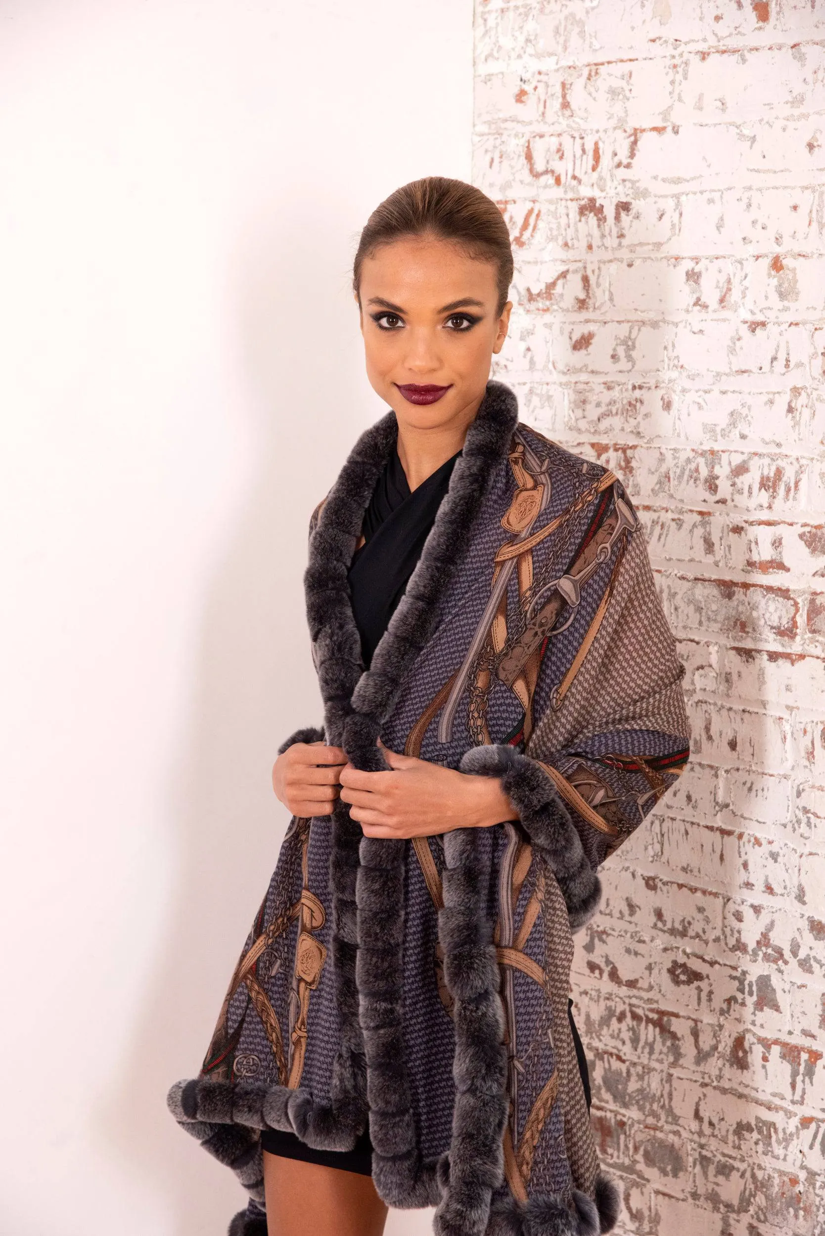 Stylish Print Rex Fur Trim Wrap | by La Fiorentina