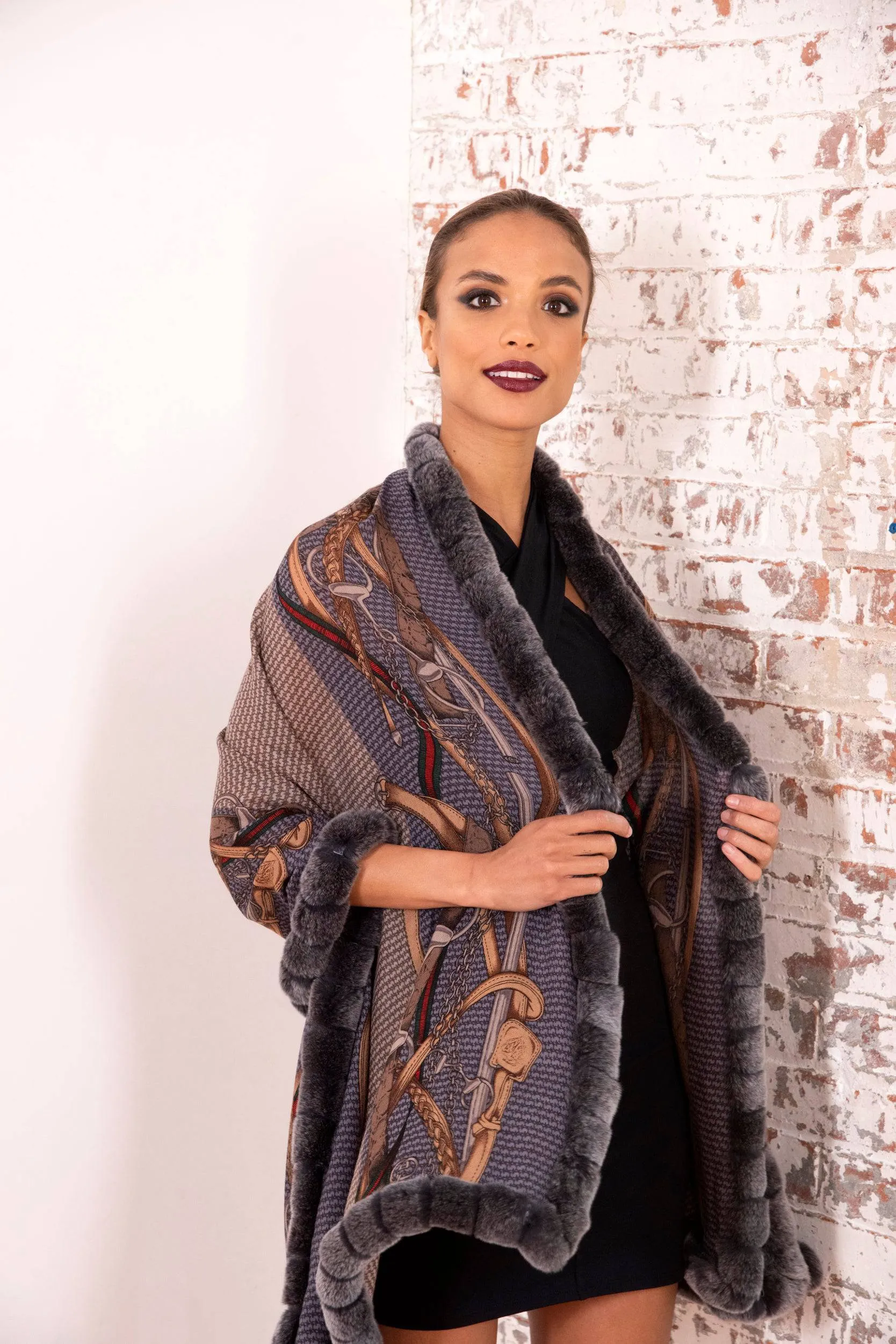 Stylish Print Rex Fur Trim Wrap | by La Fiorentina