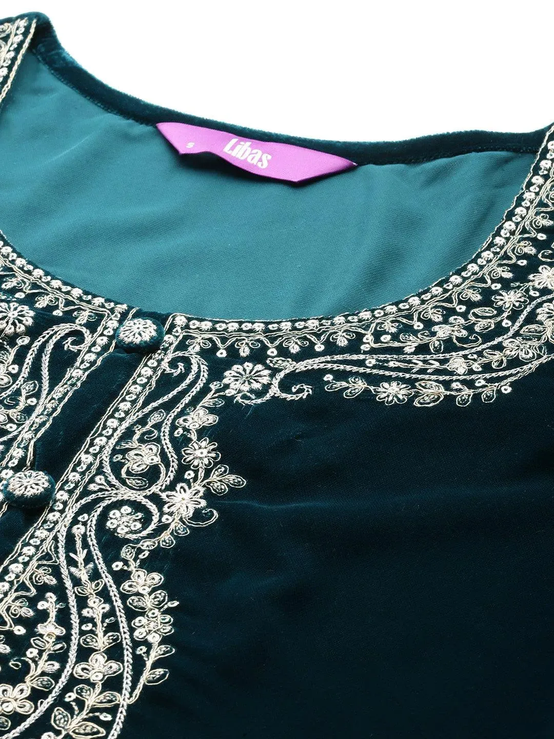 Teal Yoke Design Velvet A-Line Kurta With Palazzos & Dupatta