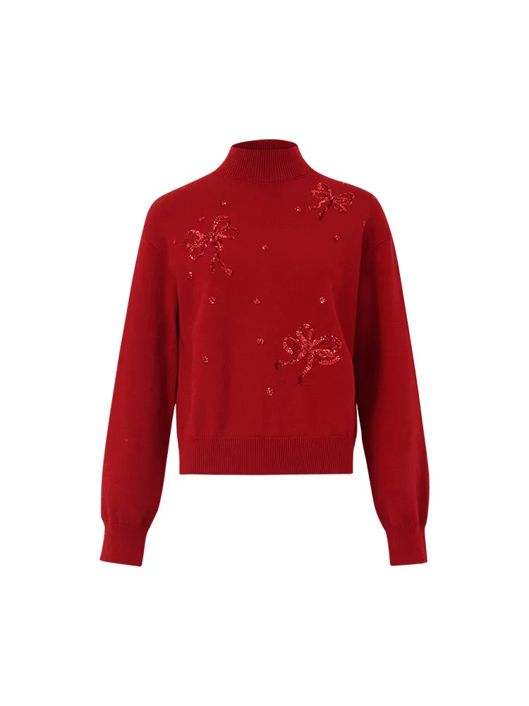 Tencel Wool Blend Mock Neck Sequins Women Sweater