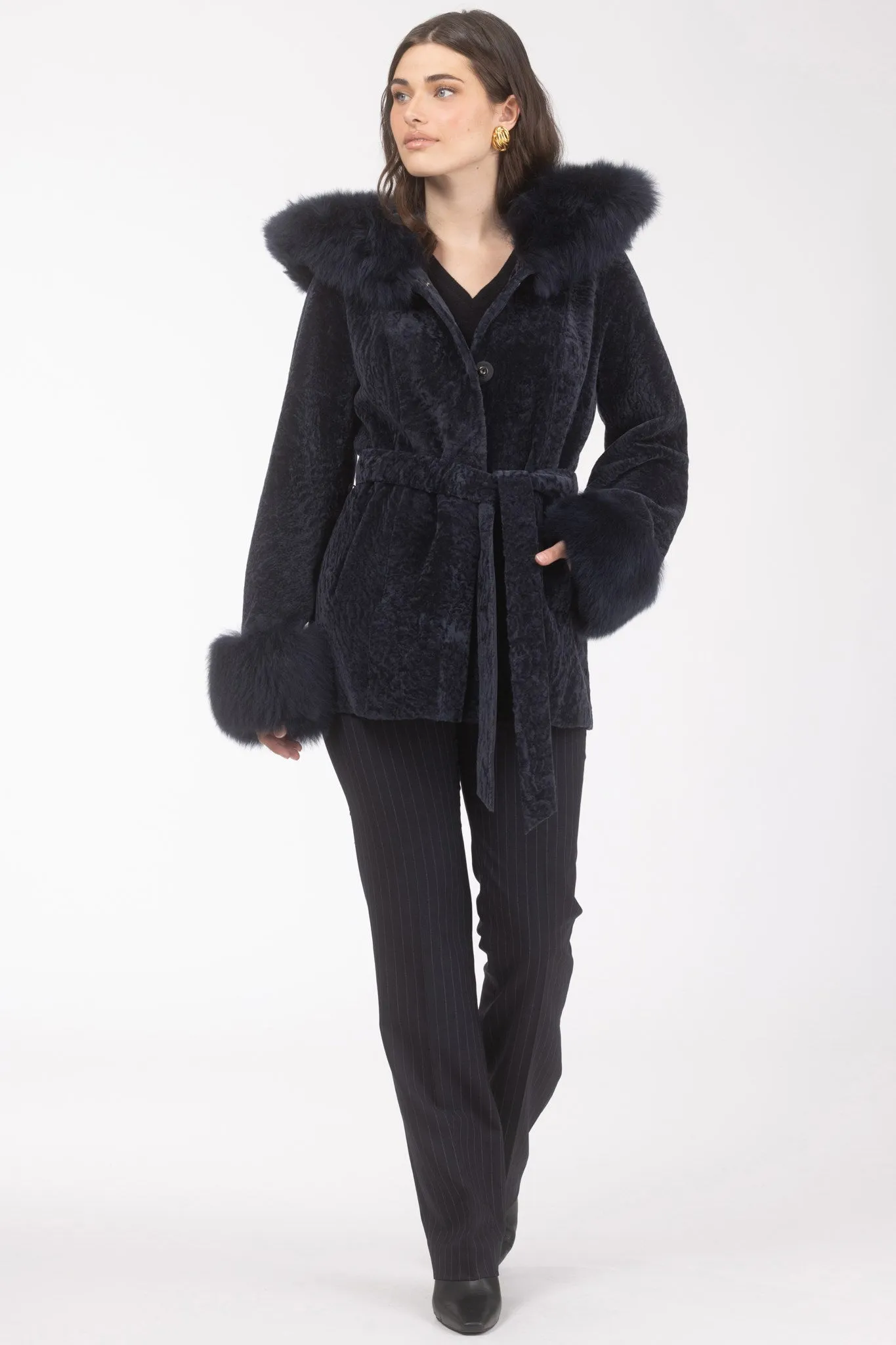 Textured Shearling Lamb Reversible Parka with Merinillo Shearling Lamb Hood Trim & Cuffs, Belt