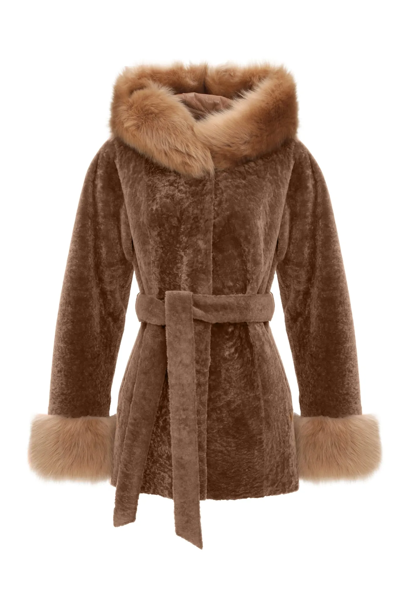 Textured Shearling Lamb Reversible Parka with Merinillo Shearling Lamb Hood Trim & Cuffs, Belt