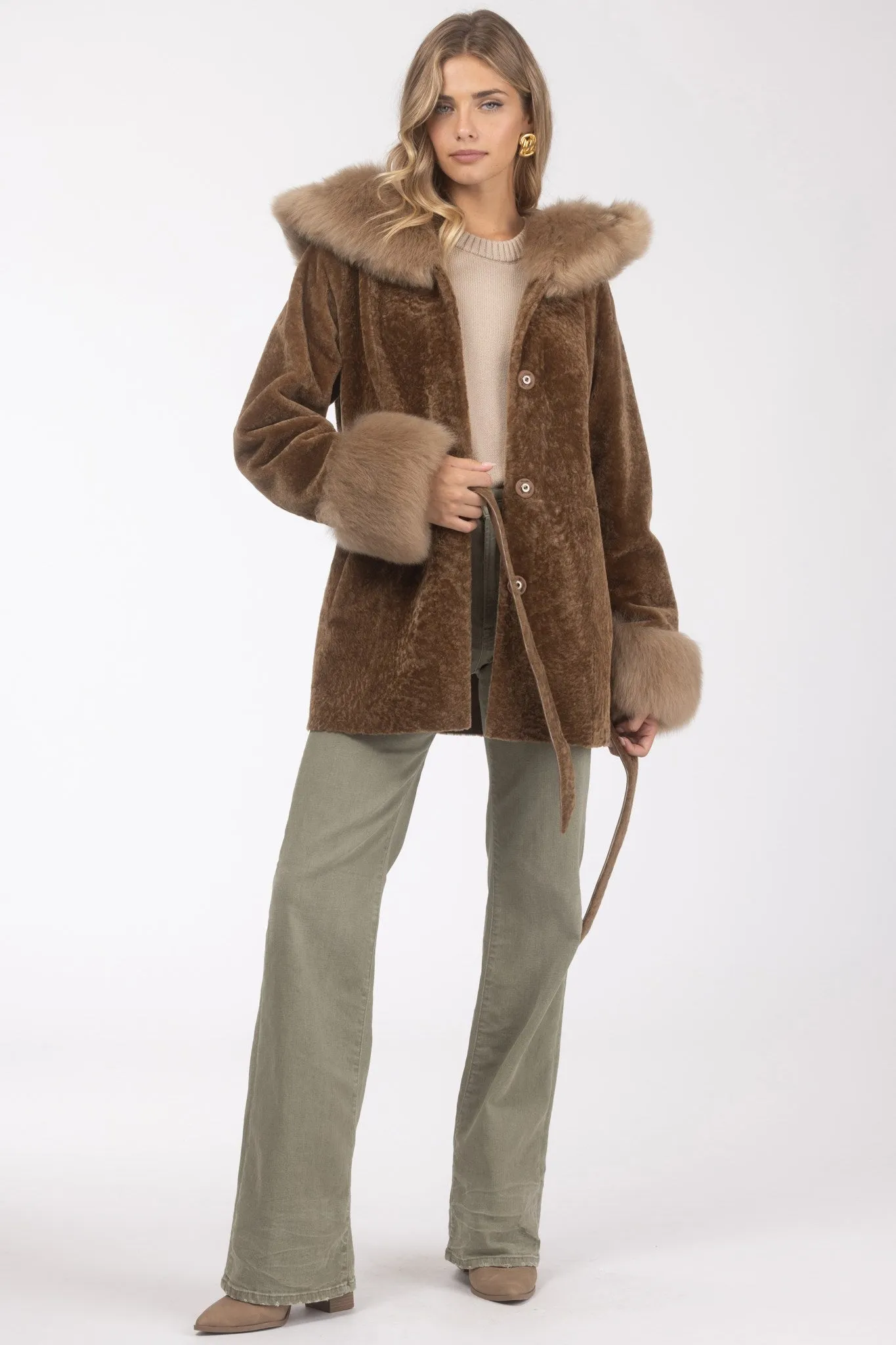 Textured Shearling Lamb Reversible Parka with Merinillo Shearling Lamb Hood Trim & Cuffs, Belt