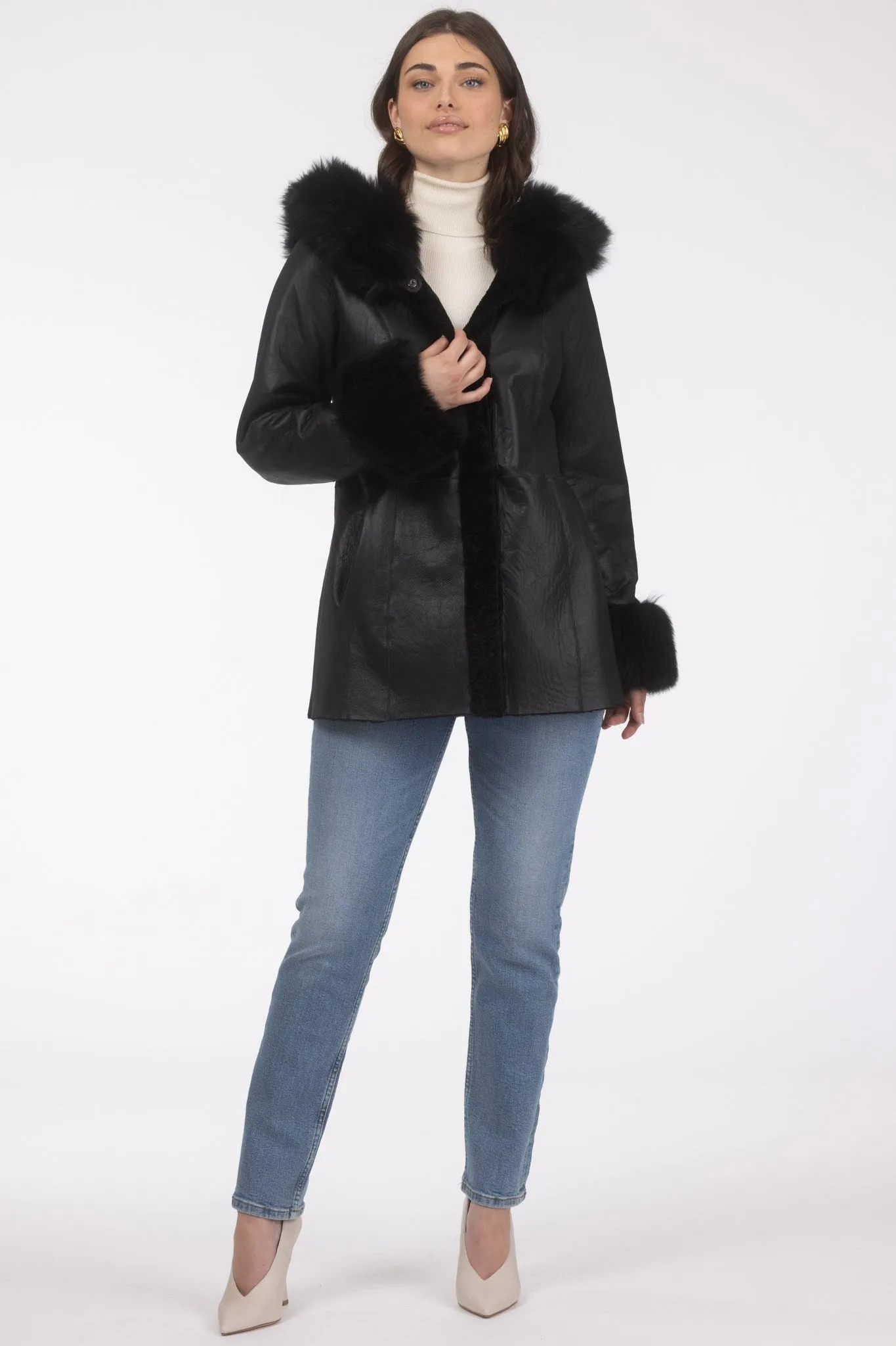 Textured Shearling Lamb Reversible Parka with Merinillo Shearling Lamb Hood Trim & Cuffs, Belt