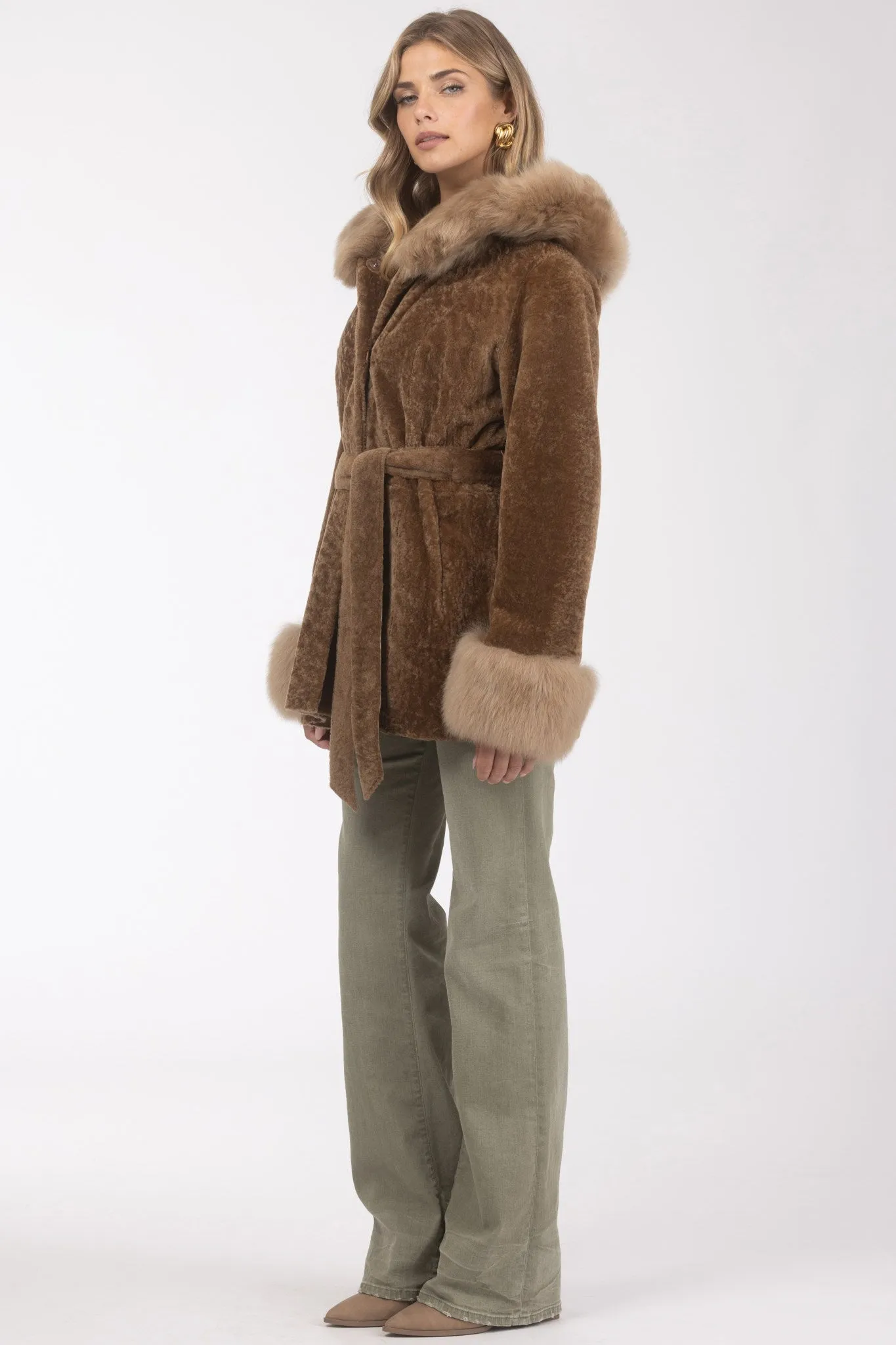 Textured Shearling Lamb Reversible Parka with Merinillo Shearling Lamb Hood Trim & Cuffs, Belt