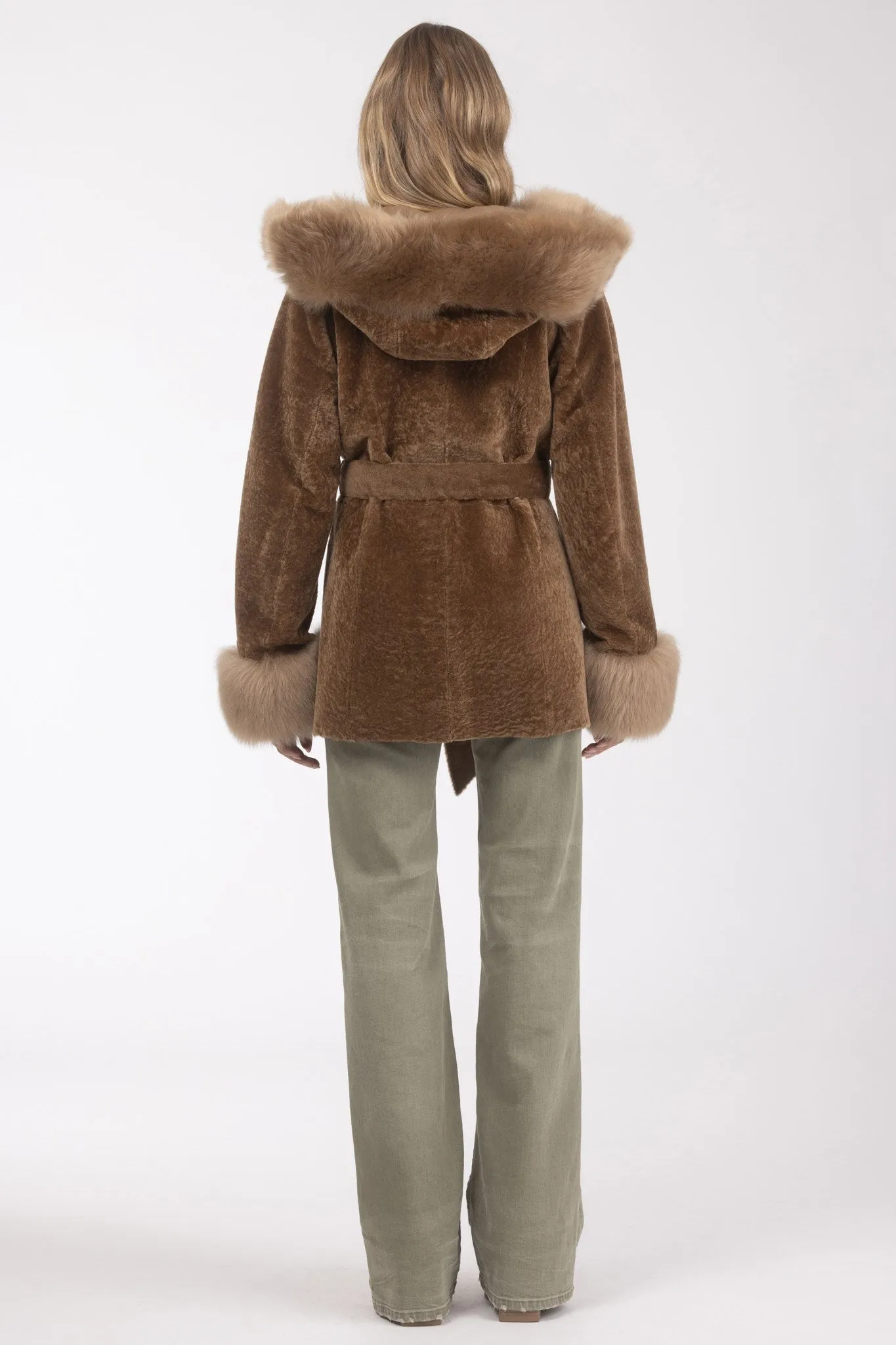 Textured Shearling Lamb Reversible Parka with Merinillo Shearling Lamb Hood Trim & Cuffs, Belt