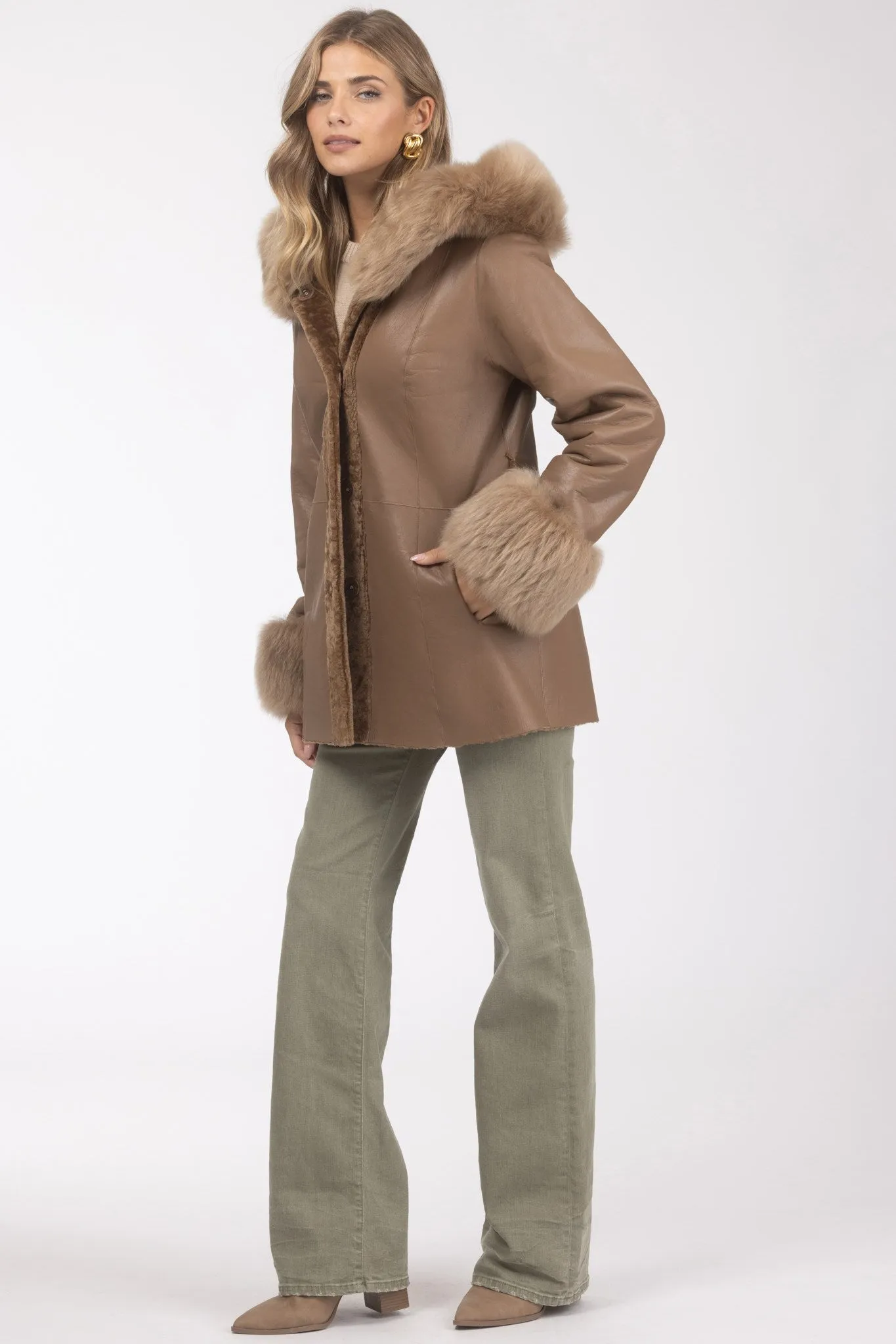 Textured Shearling Lamb Reversible Parka with Merinillo Shearling Lamb Hood Trim & Cuffs, Belt