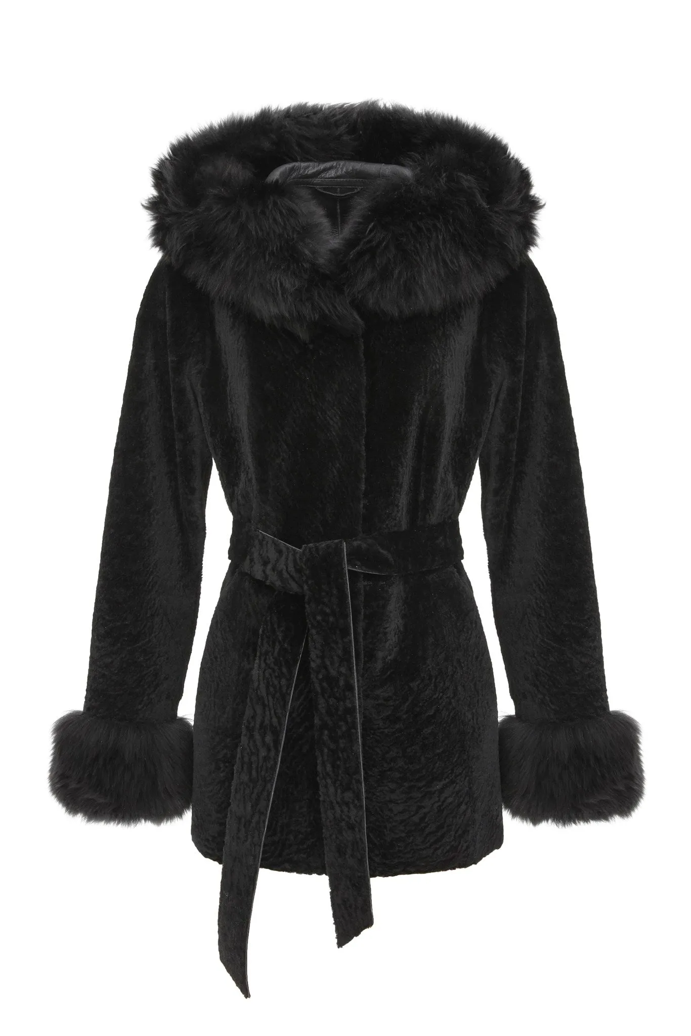 Textured Shearling Lamb Reversible Parka with Merinillo Shearling Lamb Hood Trim & Cuffs, Belt