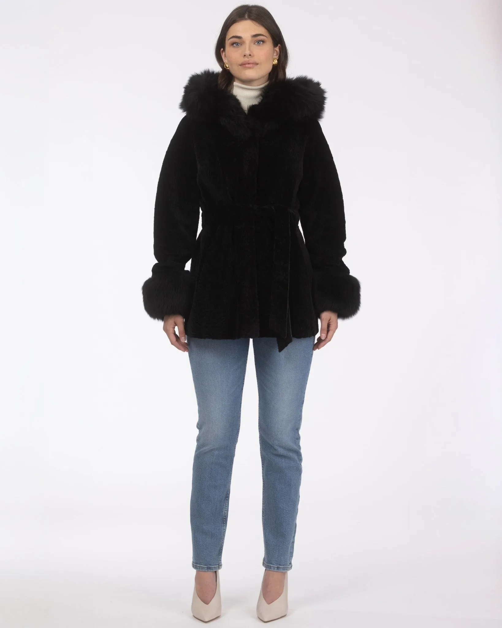 Textured Shearling Lamb Reversible Parka with Merinillo Shearling Lamb Hood Trim & Cuffs, Belt