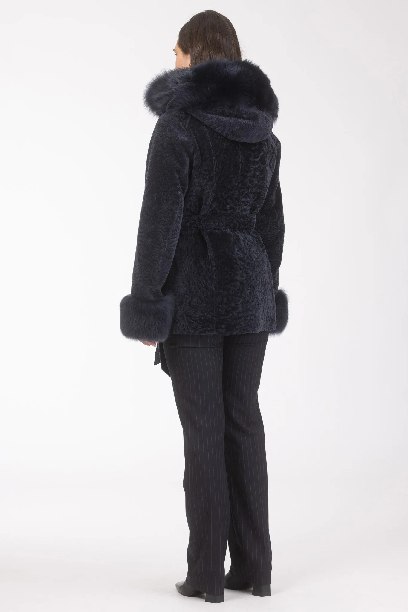 Textured Shearling Lamb Reversible Parka with Merinillo Shearling Lamb Hood Trim & Cuffs, Belt