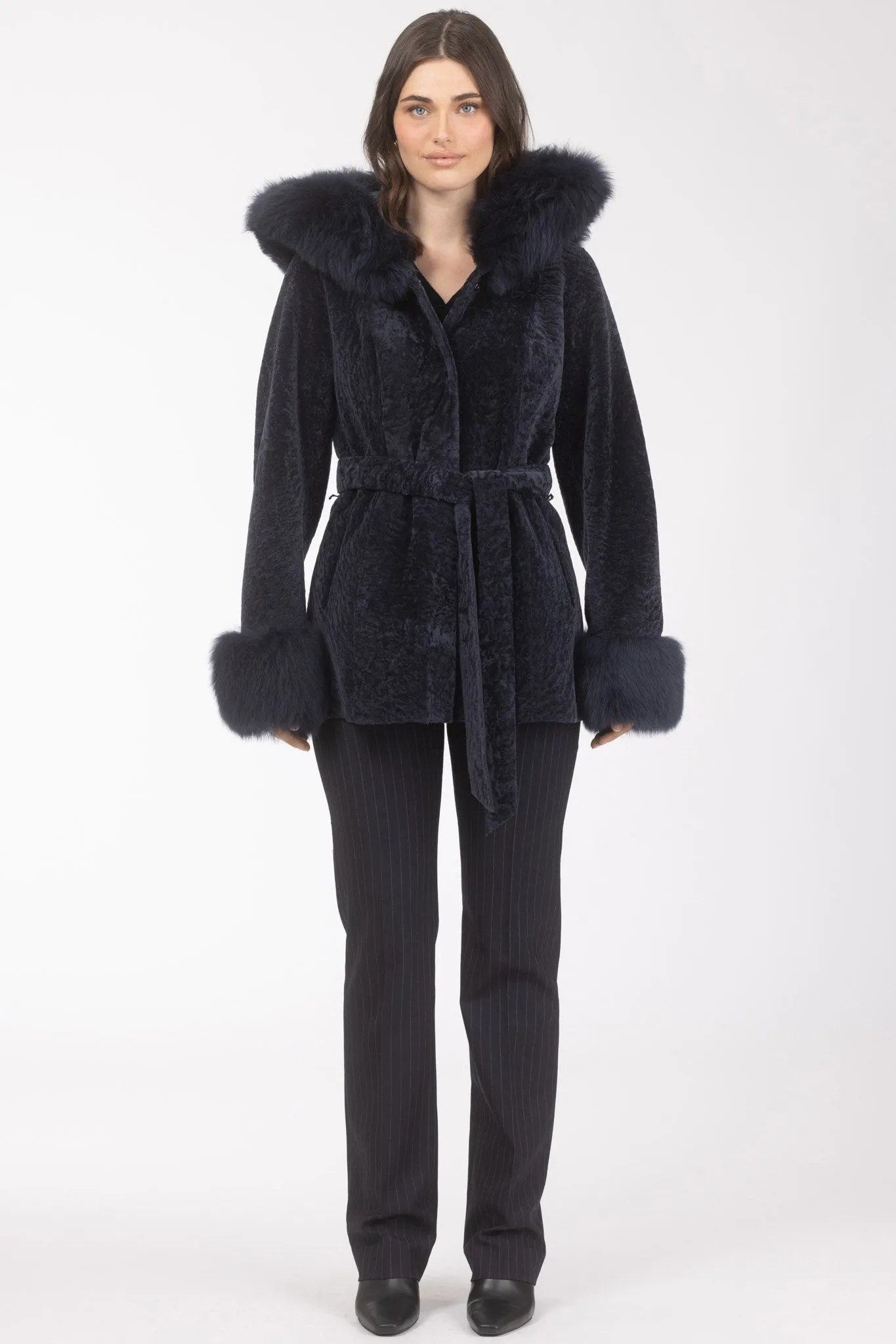 Textured Shearling Lamb Reversible Parka with Merinillo Shearling Lamb Hood Trim & Cuffs, Belt