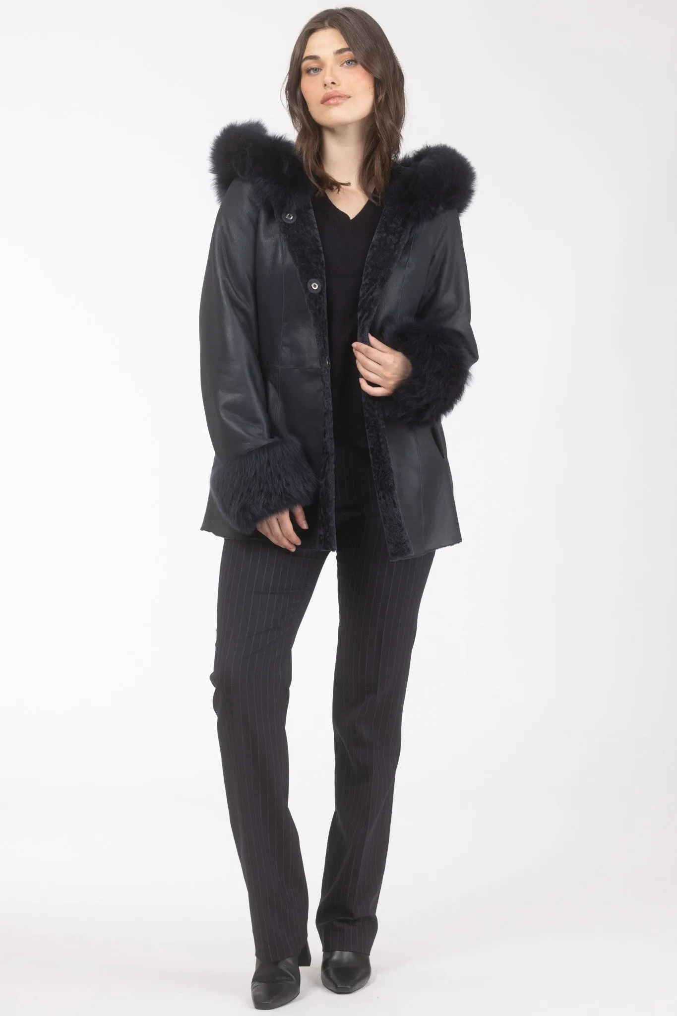 Textured Shearling Lamb Reversible Parka with Merinillo Shearling Lamb Hood Trim & Cuffs, Belt