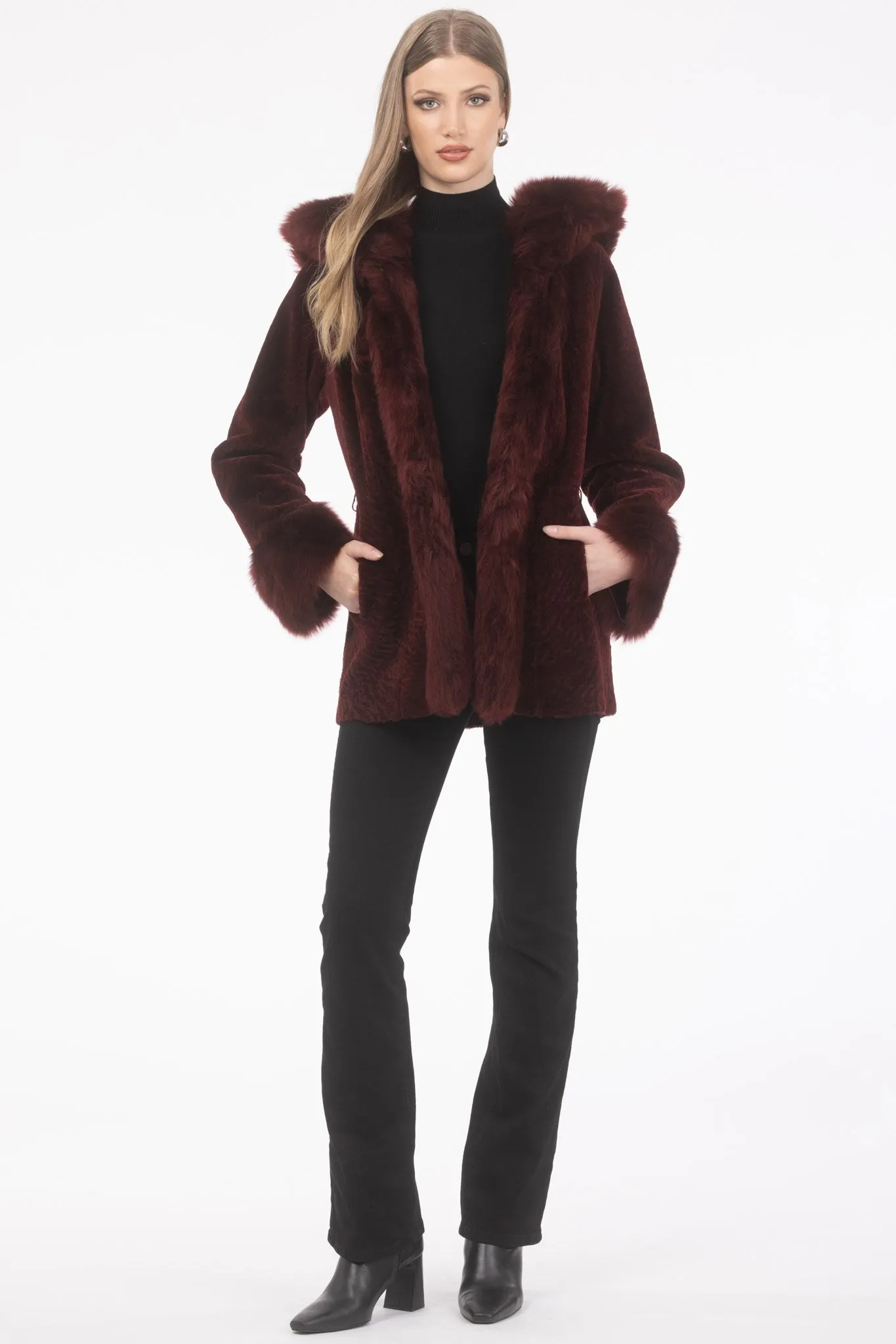 Textured Shearling Lamb Reversible Parka with Merinillo Shearling Lamb Hood Trim, Tuxedo, Cuffs & Belt