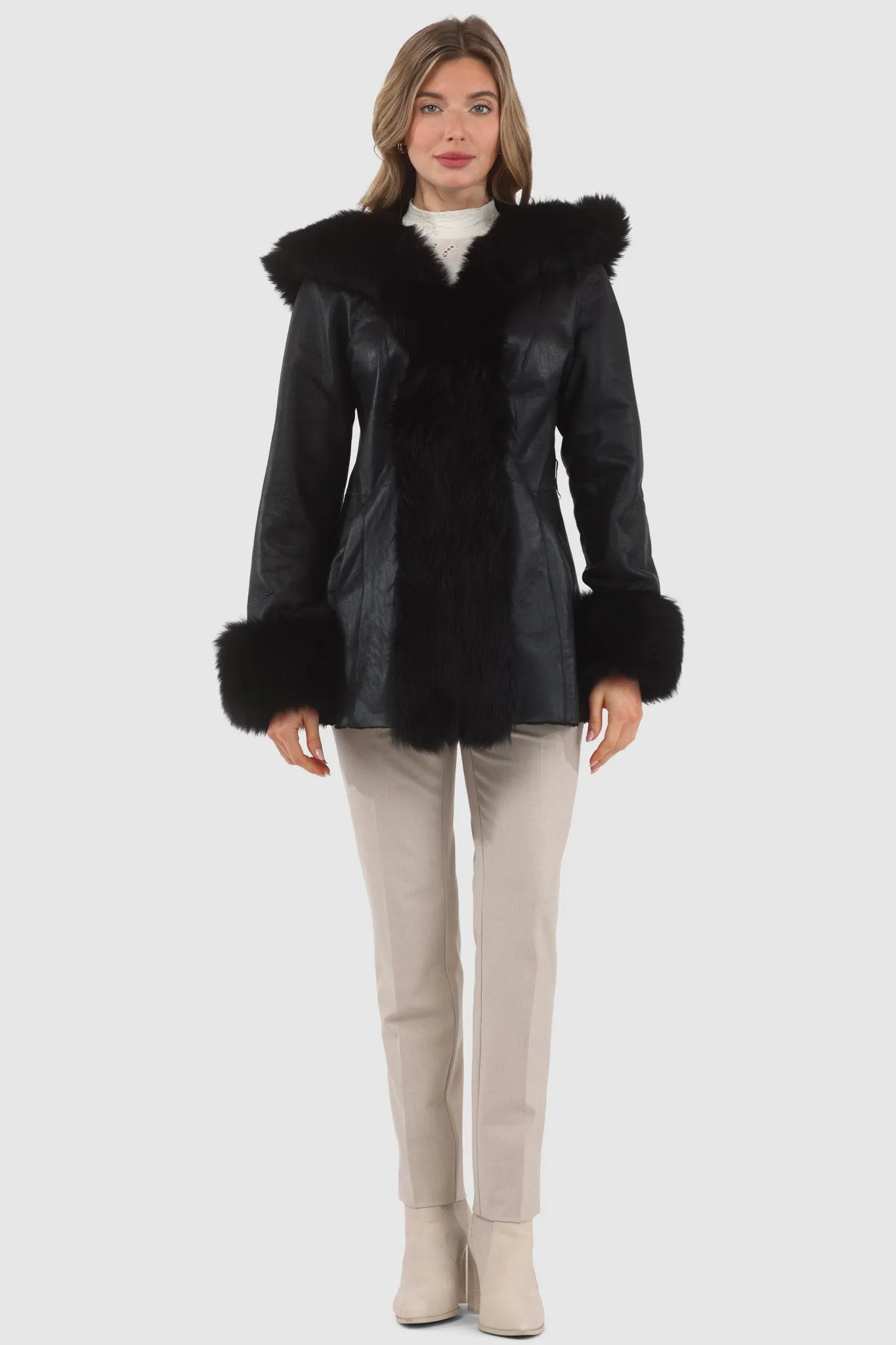 Textured Shearling Lamb Reversible Parka with Merinillo Shearling Lamb Hood Trim, Tuxedo, Cuffs & Belt