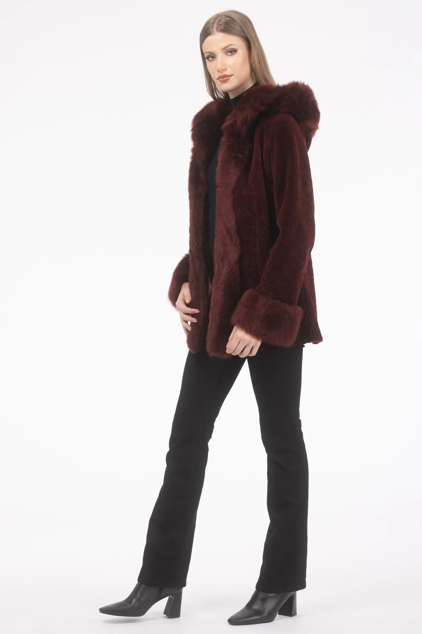 Textured Shearling Lamb Reversible Parka with Merinillo Shearling Lamb Hood Trim, Tuxedo, Cuffs & Belt