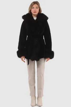 Textured Shearling Lamb Reversible Parka with Merinillo Shearling Lamb Hood Trim, Tuxedo, Cuffs & Belt