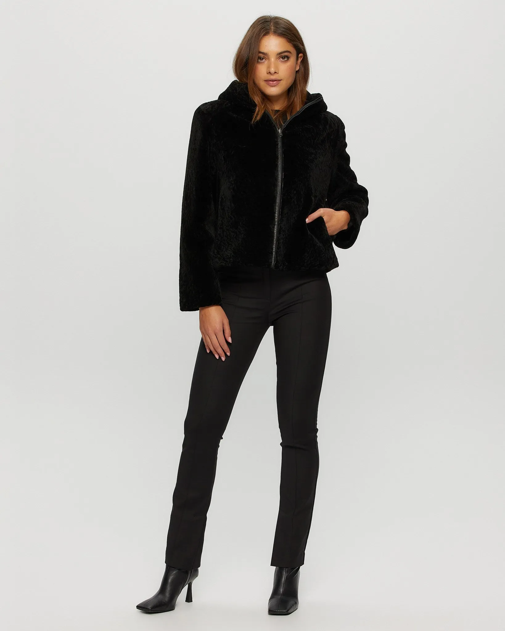 Textured Shearling Lamb Zip Parka Reversible To Taffeta