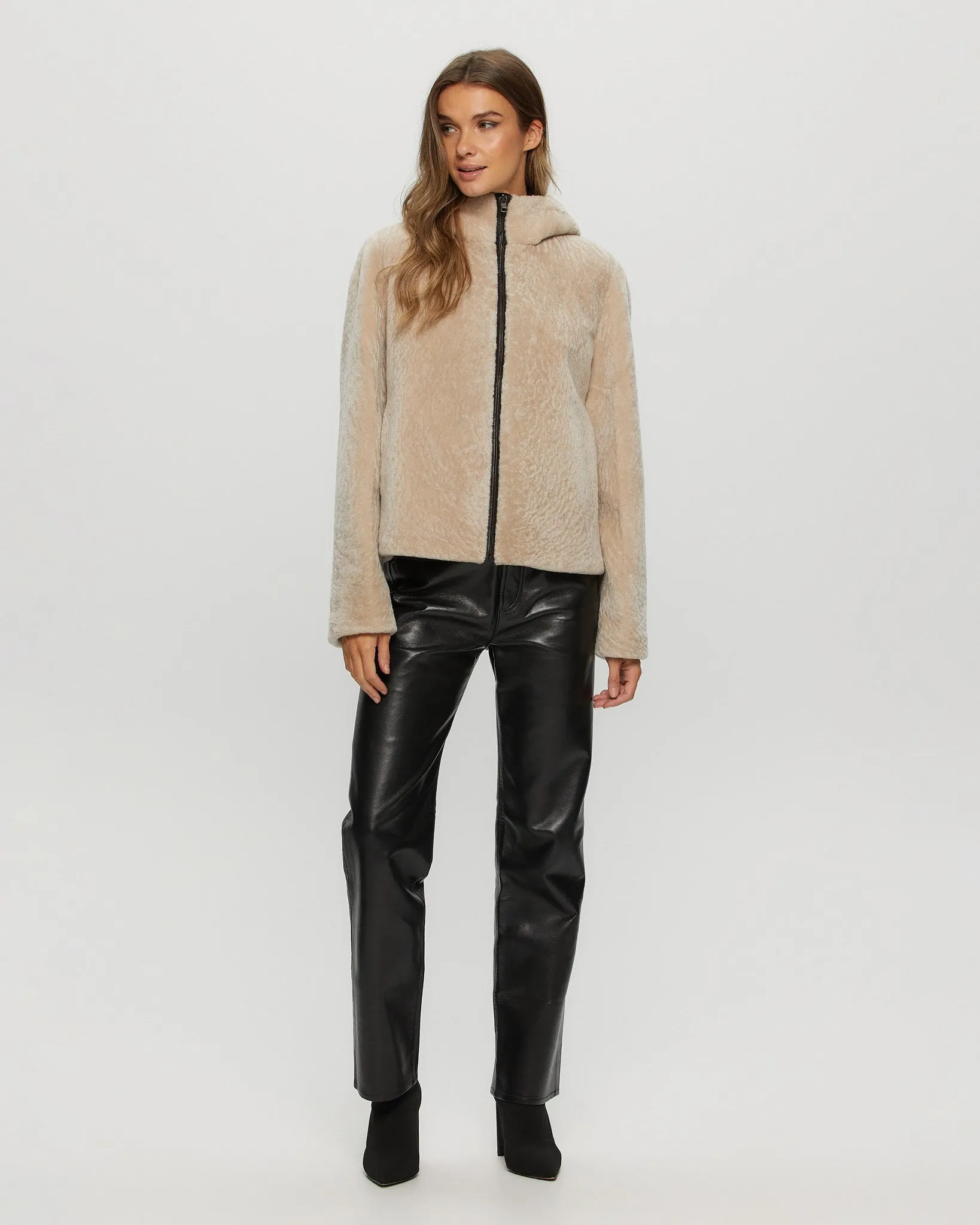 Textured Shearling Lamb Zip Parka Reversible To Taffeta