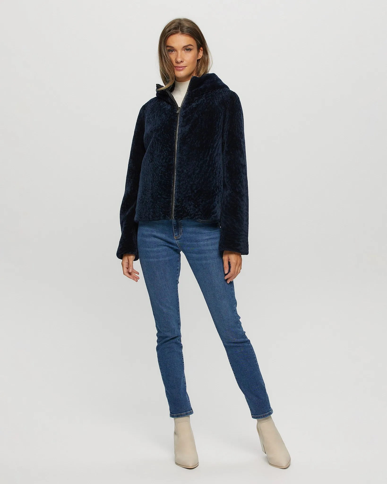 Textured Shearling Lamb Zip Parka Reversible To Taffeta