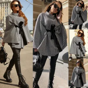 Trendy One Size Plaid Turtleneck Asymmetric Lace-Up Poncho