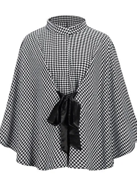 Trendy One Size Plaid Turtleneck Asymmetric Lace-Up Poncho