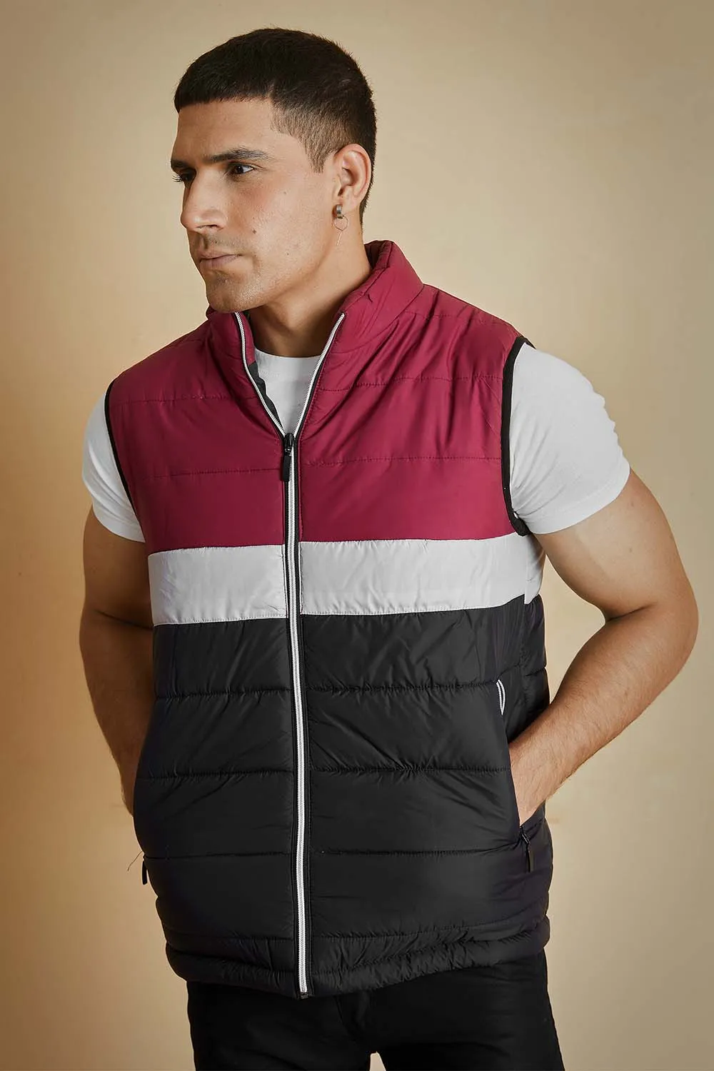 Tri Color Sleeveless Puffer Jacket