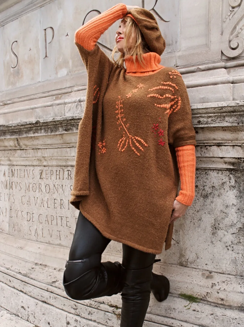 Vicuna Boucle Sweater-Poncho with Beret