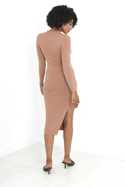 WARM CAMEL LONG LENGTH RIBBED KNIT JUMPER DRESS