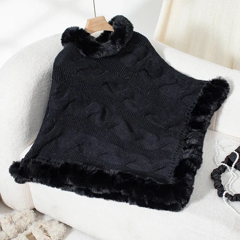 Women Elegant Fur-Trimmed Poncho