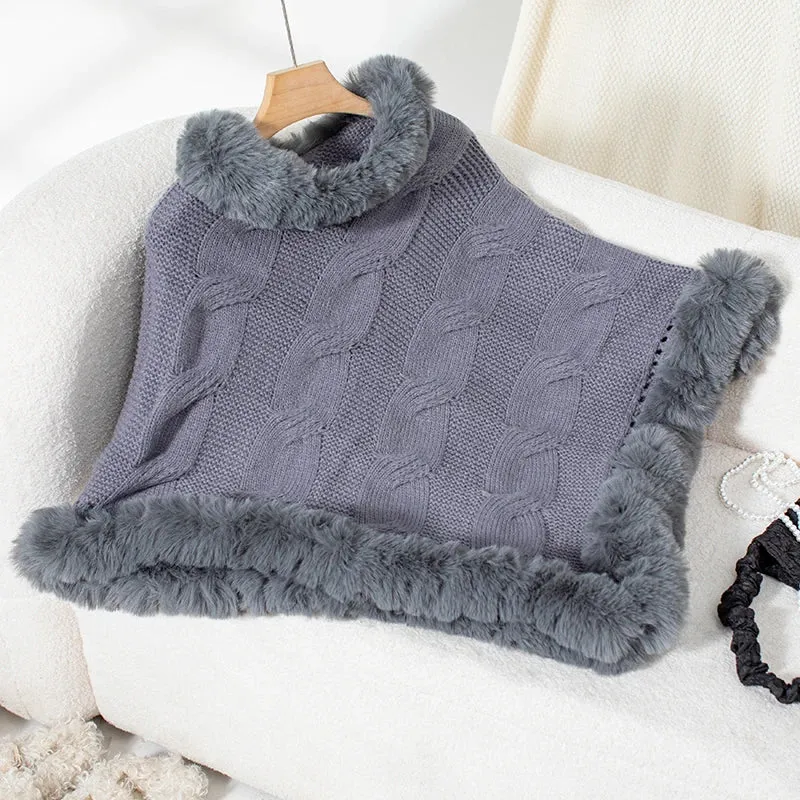 Women Elegant Fur-Trimmed Poncho