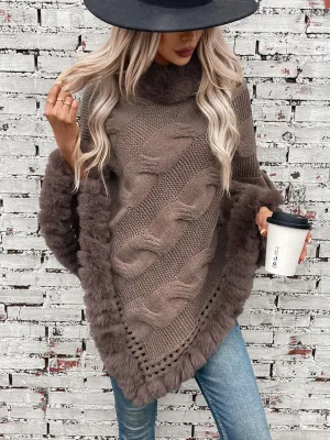 Women Elegant Fur-Trimmed Poncho