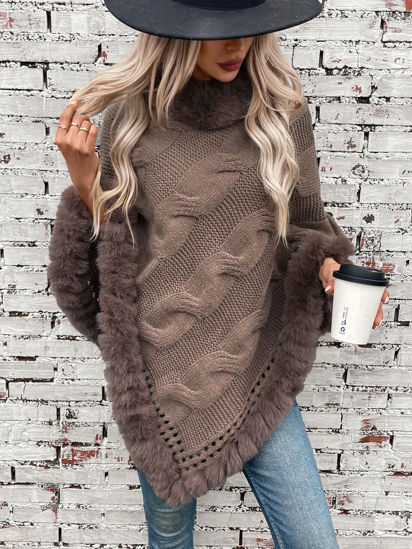 Women Elegant Fur-Trimmed Poncho