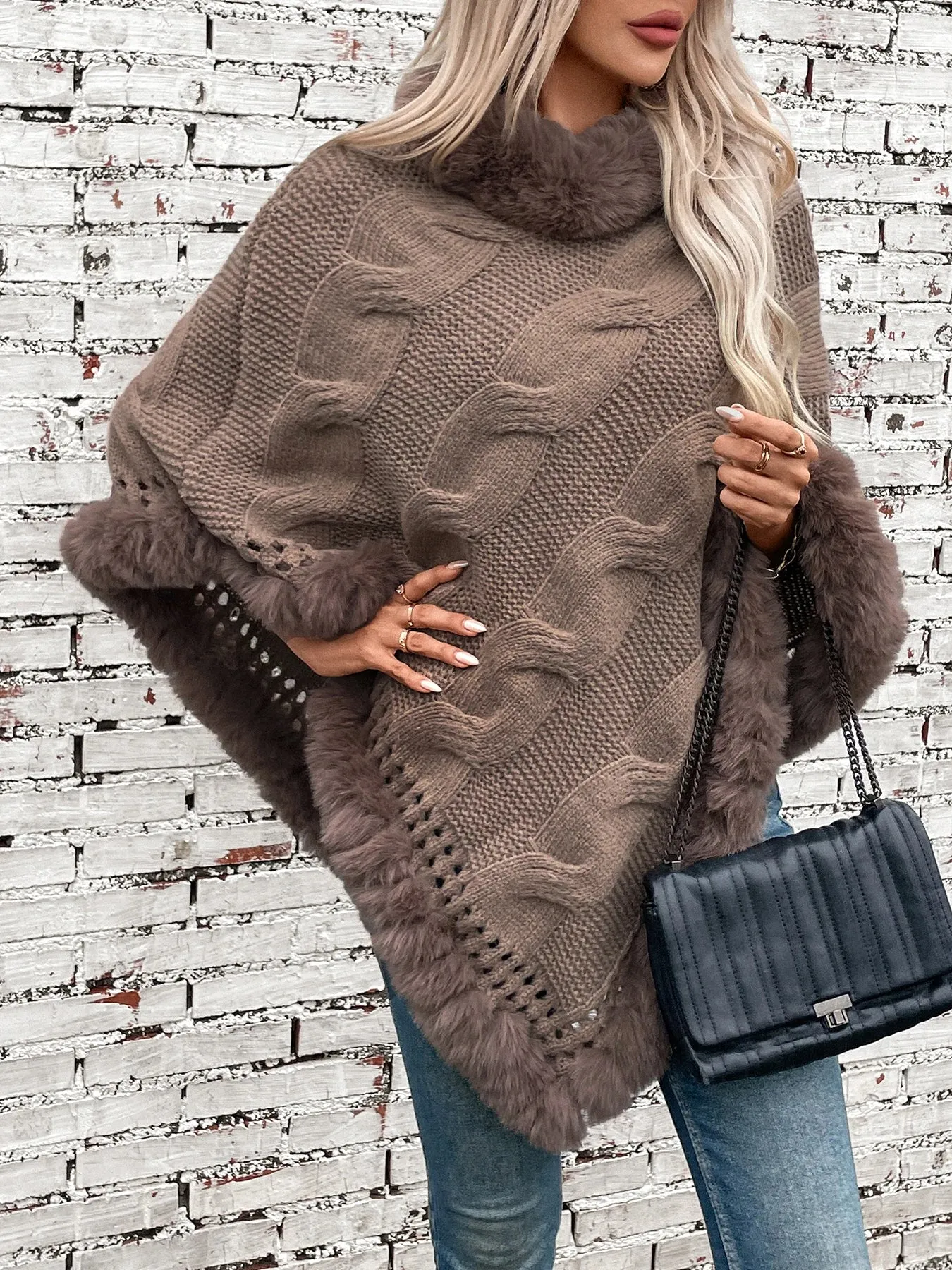 Women Elegant Fur-Trimmed Poncho