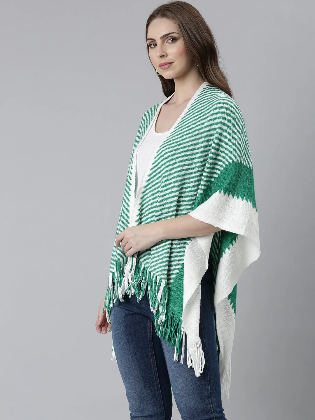 Women Green Striped Poncho