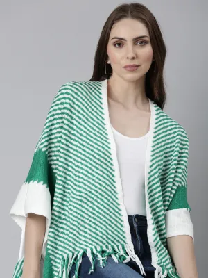 Women Green Striped Poncho