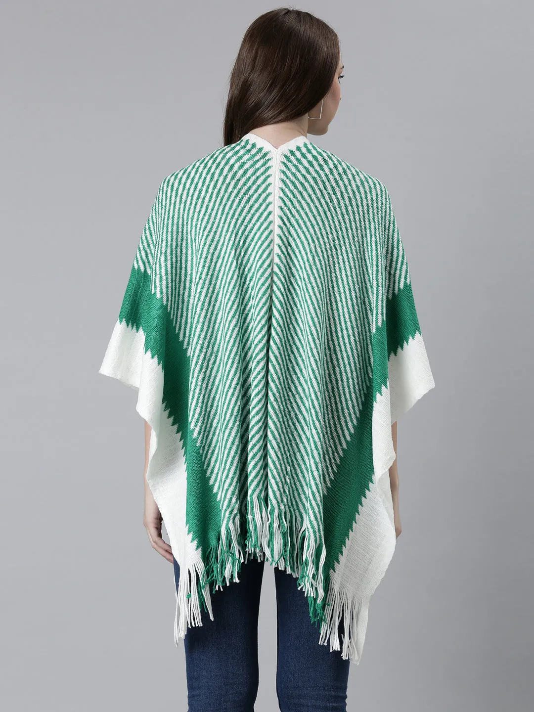 Women Green Striped Poncho