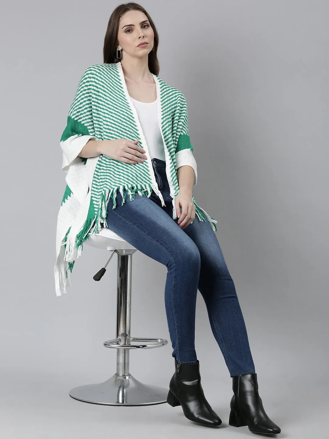 Women Green Striped Poncho