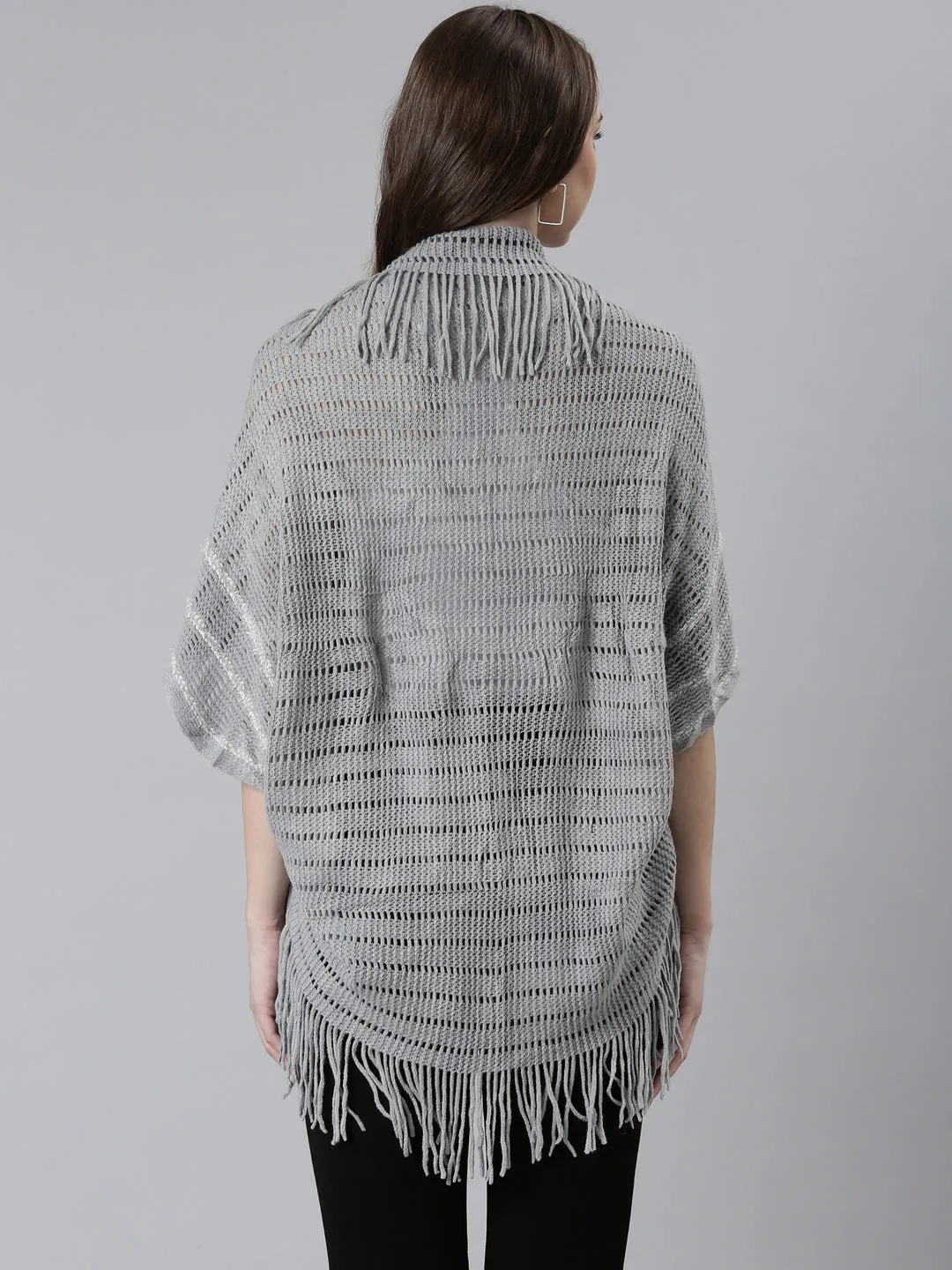 Women Grey Self Design Poncho