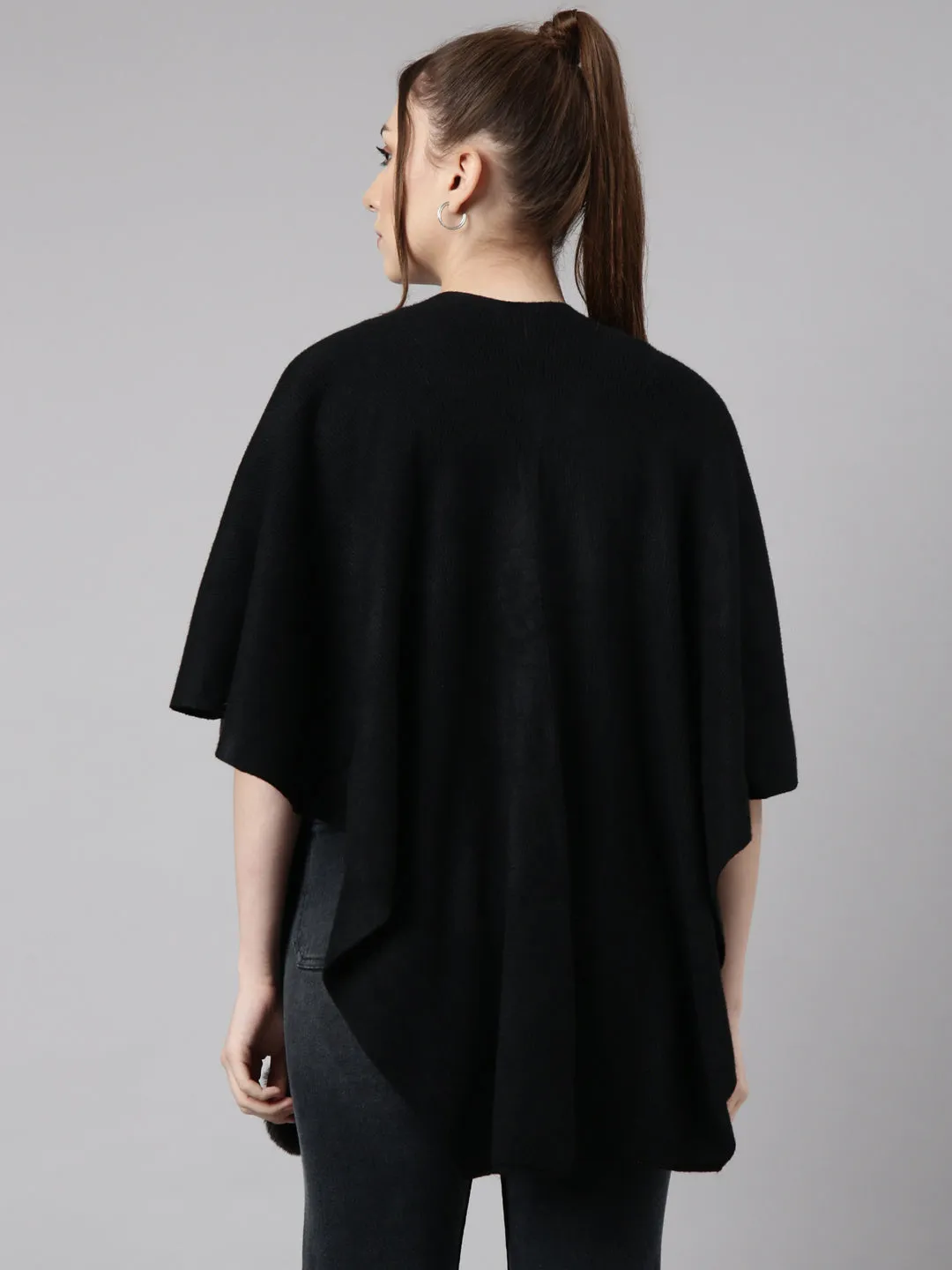 Women Solid Black Regular Front-Open Poncho