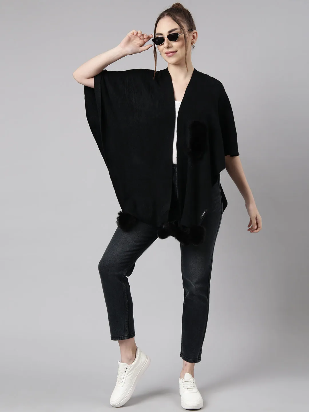 Women Solid Black Regular Front-Open Poncho