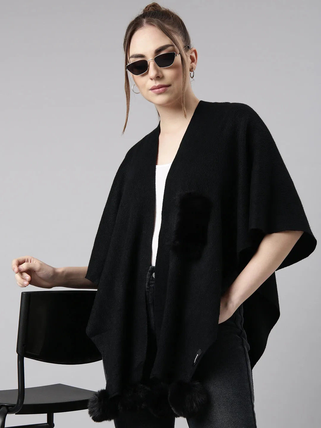 Women Solid Black Regular Front-Open Poncho