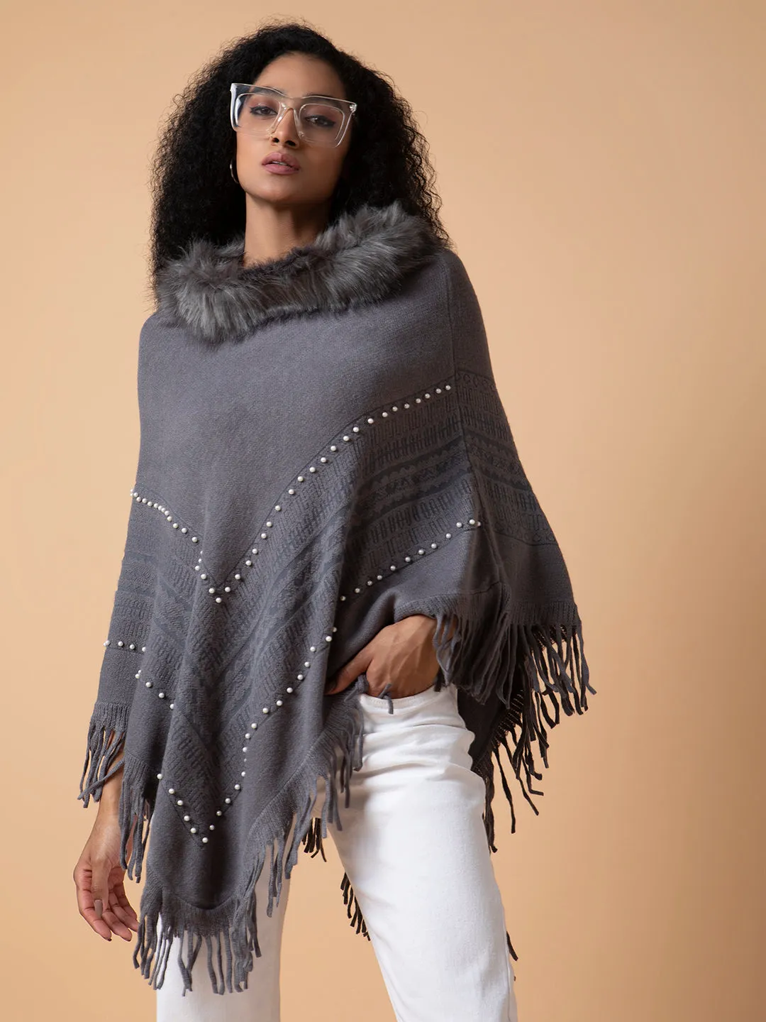 Women Solid Grey Longline Poncho